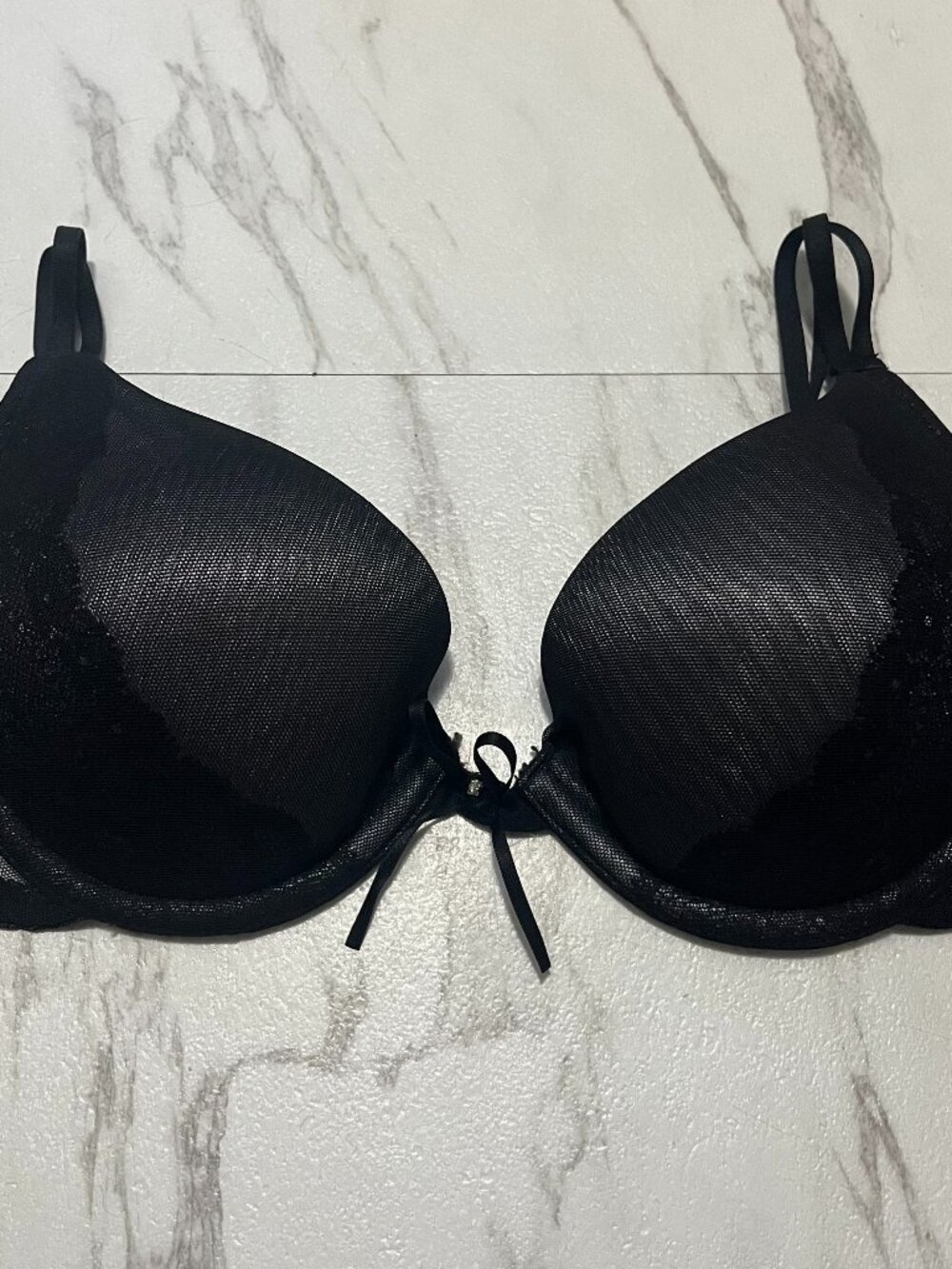 Vassarette Bra 34A Push-Up Plunge Black Mesh Lace Overlay Bling Bow Bra